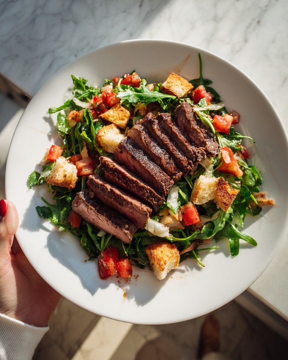 A white plate on a white marbled surface holds a fresh salad with layers of green arugula leaves and small pieces of red tomato scattered throughout. On top, there are thin, dark brown slices of grilled meat placed in the center, slightly overlapping. The salad base shows some chunks of light brown bread pieces underneath the greens. A woman's hand is reaching from the right side, about to pick something from the plate. Photo taken with an iphone --ar 4:5 --v 7