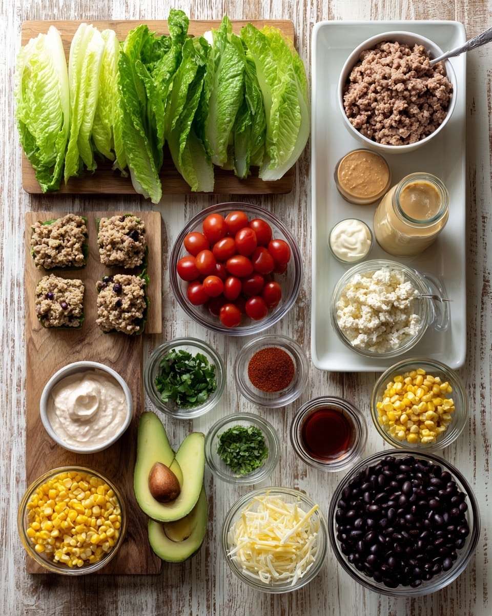 The image shows many different food ingredients organized neatly on a wooden table with a white marbled texture under them. On the top left, there is a bunch of fresh green romaine lettuce leaves, some whole and some cut in half. To the right, on a white tray, there is a white bowl filled with cooked light brown ground meat with some red seasoning on top, next to a glass jar with beige sauce, a clear glass bowl full of whole bright red cherry tomatoes, a small bowl of creamy white sauce with green herbs mixed in, and a tiny glass of red powder. Below the tray, there is a large white bowl filled with black beans on the right and a white bowl filled with yellow corn kernels next to it. In the center, there are two avocado halves with the pit still in one, a small glass of yellow mustard, a pile of shredded cheese in a clear glass bowl, a small white bowl of sour cream, some light-colored tortilla chips, and a small bowl of dark red chopped onions. On the left side, there is a wooden board with three layered textured bars of mixed nuts and some sauces alongside a small bowl of chopped green herbs. Photo taken with an iphone --ar 4:5 --v 7