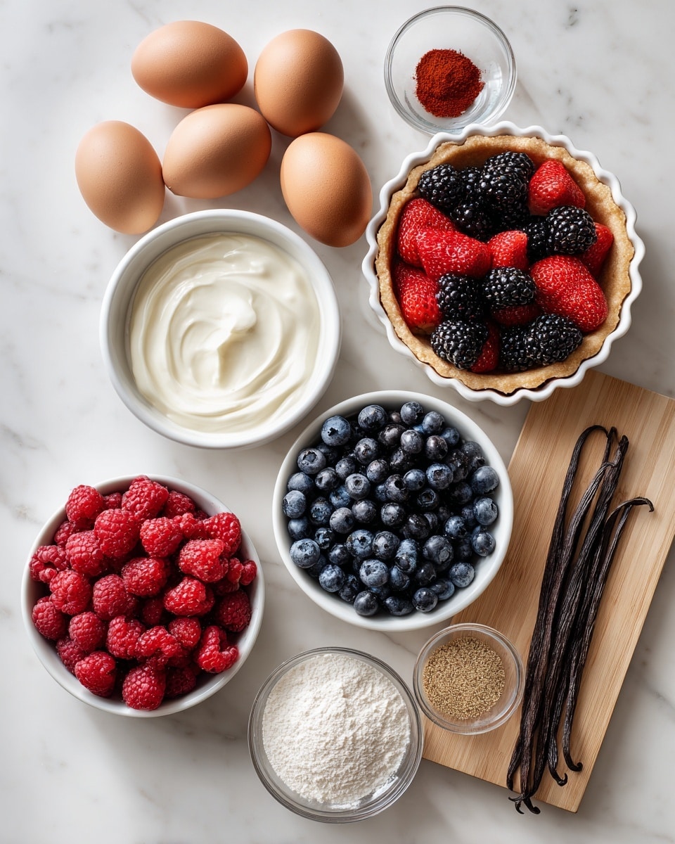 The image shows a top view of several bowls and ingredients laid out on a white marbled surface. There are five brown eggs on the left side, and next to them are five white bowls in a neat arrangement: cream in a bowl on top center, blackberries in a bowl below it, raspberries in a bowl at bottom left, and blueberries in a small bowl just right of the raspberries. On the top right, there is a white tart shell filled with strawberries and blackberries. Below the tart shell, there is a small light wooden tray holding two vanilla pods. To its right, a clear glass bowl with white powder (likely flour) is placed and below it, a white bowl holds a mix of spices with red, beige, and off-white powders. The overall arrangement is neat and clearly shows each ingredient in separate containers. Photo taken with an iphone --ar 4:5 --v 7
