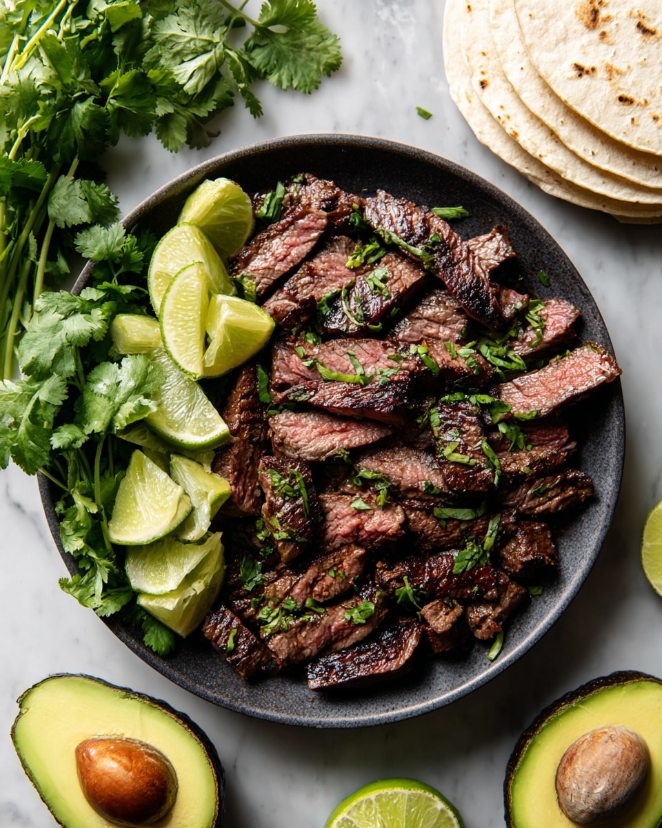 A round dark pan filled with many pieces of grilled steak arranged in the middle, showing a mix of brown char marks and pink inside, topped with scattered chopped green herbs. On the left side of the pan, several light green lime wedges rest on a bed of fresh bright green cilantro leaves, some with stems visible. Around the pan, on a white marbled surface, there are two avocado halves, one with dark green skin and the other showing the pale green inside with a brown seed, along with a stack of white corn tortillas. The lighting is bright and natural, highlighting the fresh ingredients and textures. Photo taken with an iphone --ar 4:5 --v 7