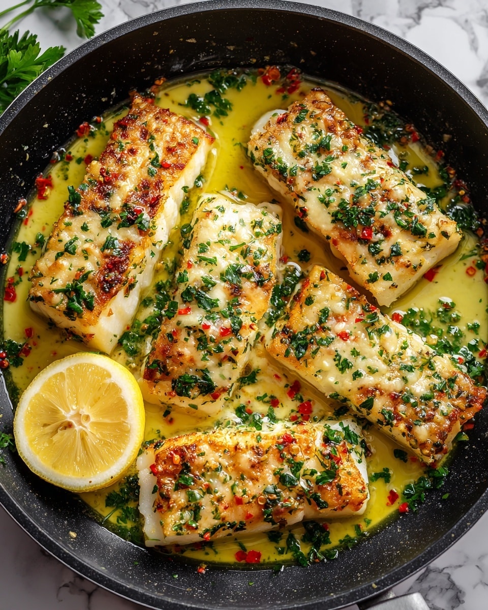 The image shows five pieces of golden-brown fish fillets cooked in a black pan, each fillet topped with melted, lightly browned cheese and sprinkled with chopped green parsley. The fish pieces reveal white flaky texture underneath the cheese. A lemon half is placed on the bottom left, adding a fresh touch. The pan contains a yellow oily sauce with herbs and small red chili flakes scattered around. The green herbs contrast vividly with the golden cheese and white fish, making the dish look rich and flavorful. The background has a white marbled texture photo taken with an iphone --ar 4:5 --v 7
