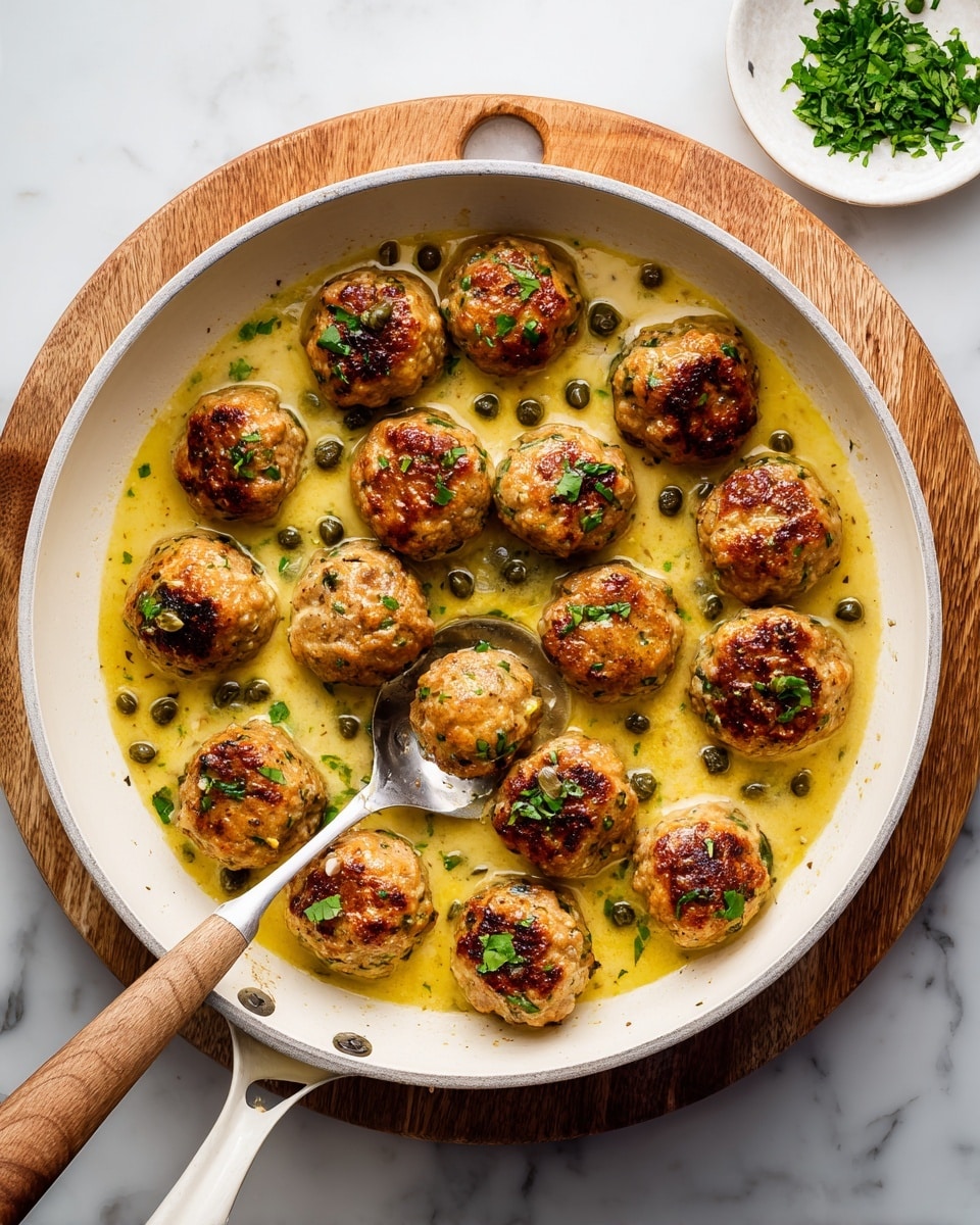 A white pan filled with about 25 golden brown meatballs with a slightly crispy outside, sitting in a light yellow sauce with small green capers scattered throughout. Small green herb leaves are sprinkled on top of the meatballs and sauce, adding color contrast. A large spoon rests inside the pan, angled diagonally from the bottom right to the center, with some sauce on it. The pan is placed on a round wooden board on a white marbled surface, with a small white plate holding chopped green herbs in the top right corner of the image. The photo taken with an iphone --ar 4:5 --v 7