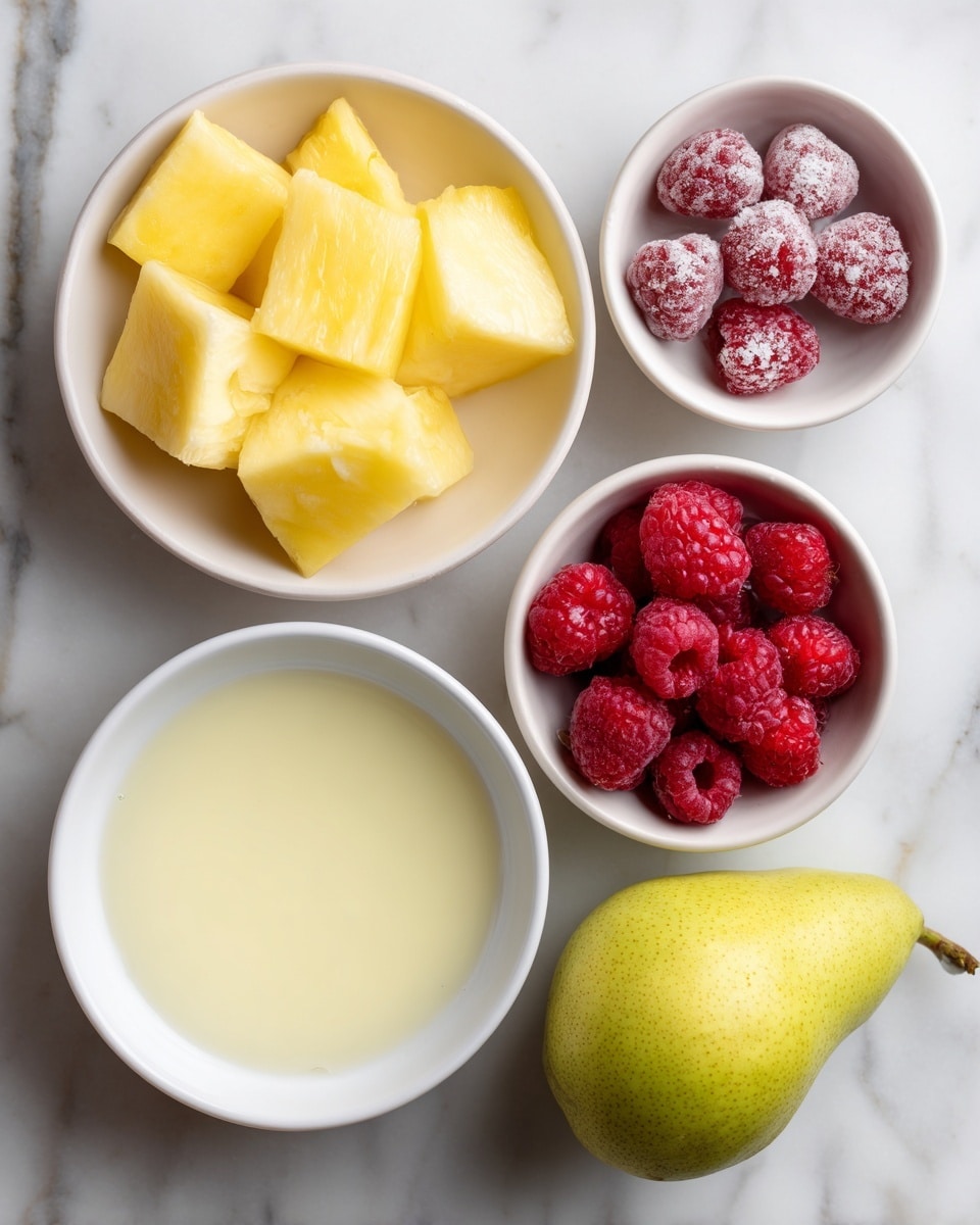 Five white small round bowls and one whole pear are placed on a white marbled surface. The top left bowl contains several chunks of bright yellow pineapple. To its right, the top right bowl holds four small red raspberries with a light frost. Below the pineapple, a bowl filled with pale yellow lemon juice sits next to a bowl of white milk. Under these, a bowl of small dark brown celery seeds is seen. To the right of all the bowls, a single whole yellow-green pear is placed. The setup is clean and bright, showing simple fresh ingredients. photo taken with an iphone --ar 4:5 --v 7