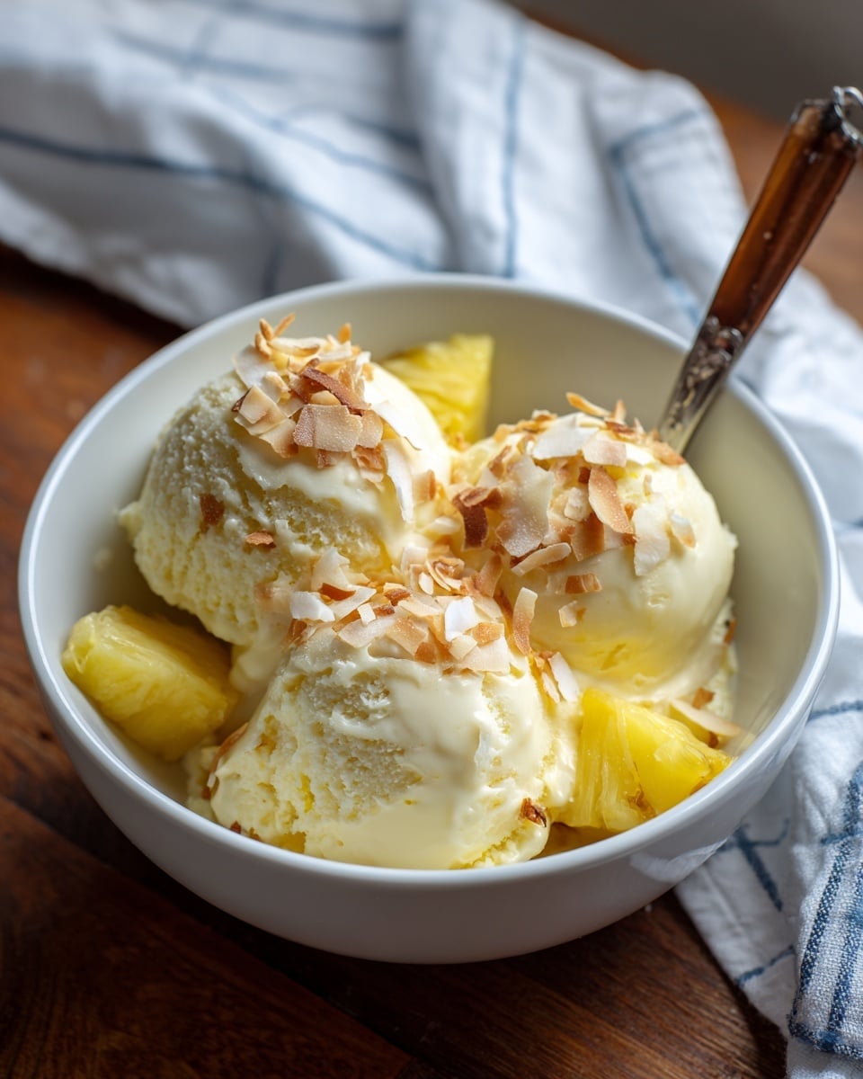 A white bowl holds three round scoops of pale yellow ice cream, each topped with small bits of toasted coconut. Around the ice cream are pieces of fresh yellow pineapple, giving a bright contrast. A spoon with a wooden handle rests inside the bowl. The bowl is placed on a wooden surface with a white and blue striped cloth nearby. photo taken with an iphone --ar 4:5 --v 7
