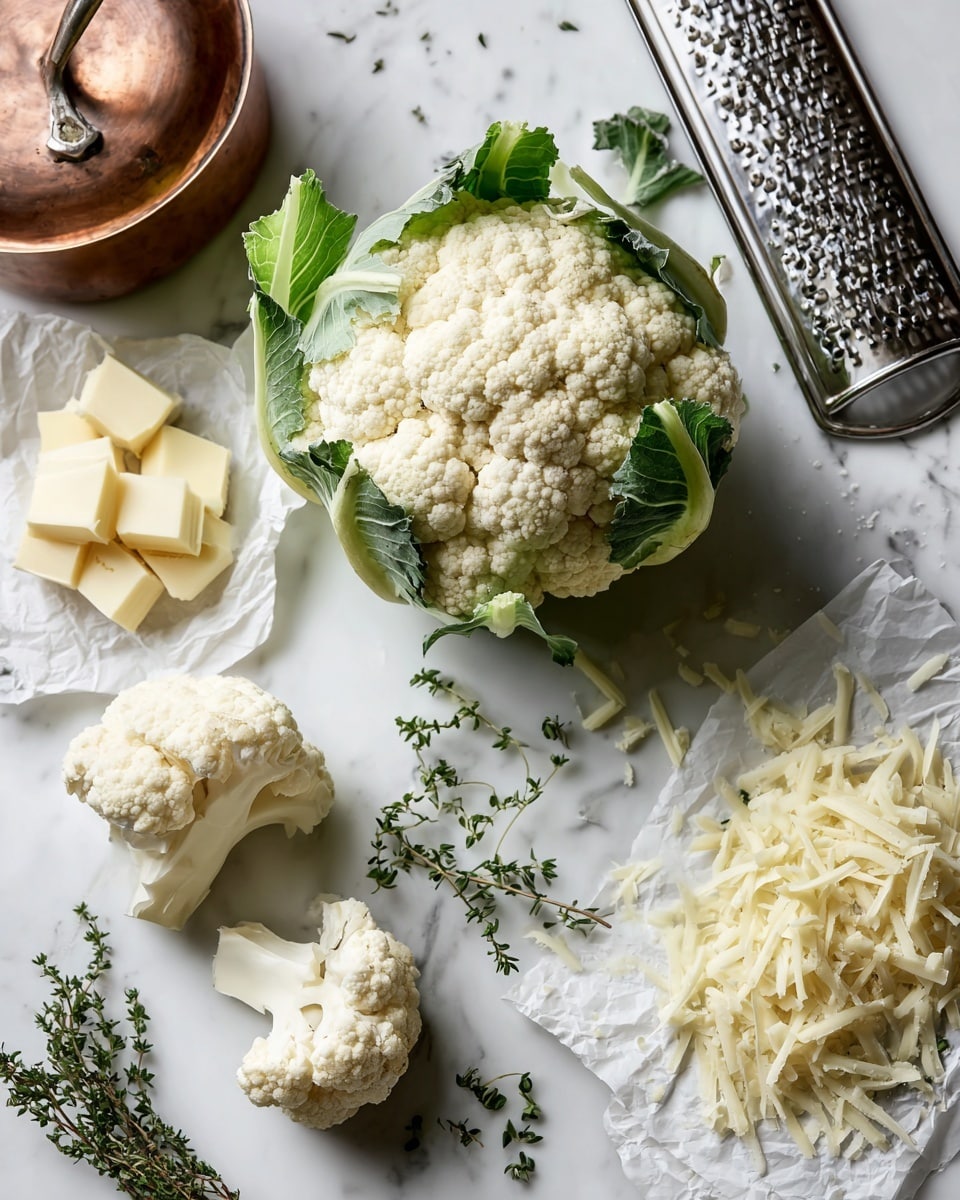 A large whole cauliflower with green leaves sits near the center on a white marbled surface, with two smaller cauliflower pieces in front of it. To the left, there is a small pile of butter slices on a piece of crumpled white paper. On the right side, there is a pile of shredded cheese next to a metal grater, with some cheese pieces scattered around, and fresh thyme sprigs placed near them. In the back left corner, a reflective copper pot is partially visible. photo taken with an iphone --ar 4:5 --v 7