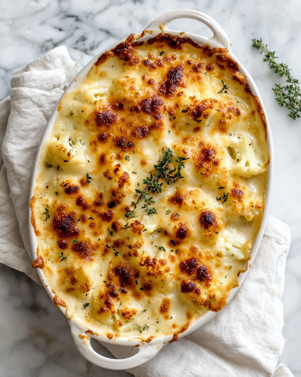 A white oval dish filled with a golden brown baked cauliflower gratin. The dish has one layer of soft, slightly browned cauliflower pieces covered by a creamy, melted cheese sauce that is thick and bubbling, with toasted crumbs sprinkled evenly on top. A few sprigs of fresh thyme lie gently on the top, adding green contrast to the warm beige and light brown surface. The dish is set on a crumpled white cloth over a white marbled surface. Photo taken with an iphone --ar 4:5 --v 7