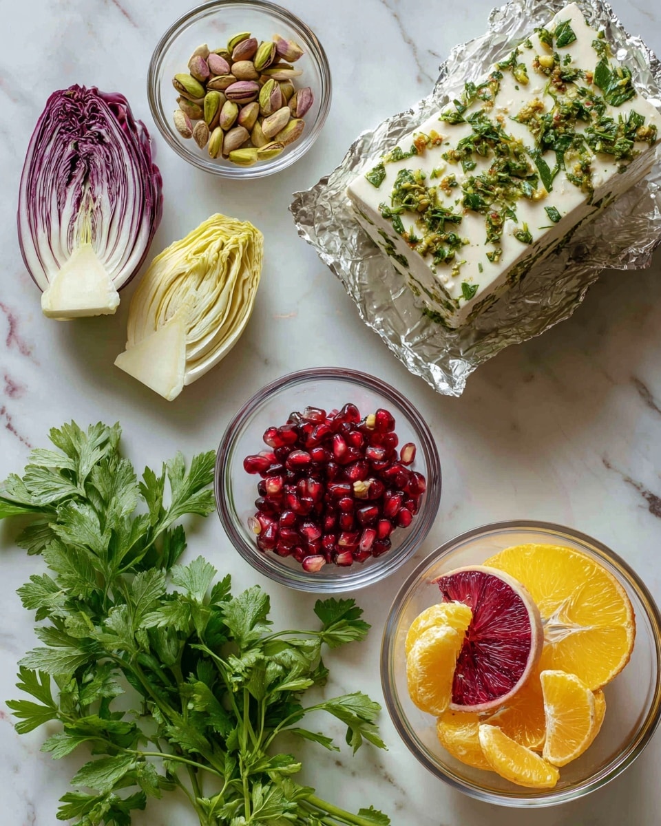 The image shows ingredients arranged on a white marbled surface: a block of white cheese with green herbs on top placed on silver foil in the upper right, a small clear bowl with light brown pine nuts and green pistachios near the top left, three pale yellow and purple endive leaves near the left side, a bunch of green fresh herbs with broad and thin leaves near the middle right, a small clear bowl with bright red pomegranate seeds in the lower center, and a larger clear bowl with sections of bright yellow and red citrus fruits near the bottom right. photo taken with an iphone --ar 4:5 --v 7