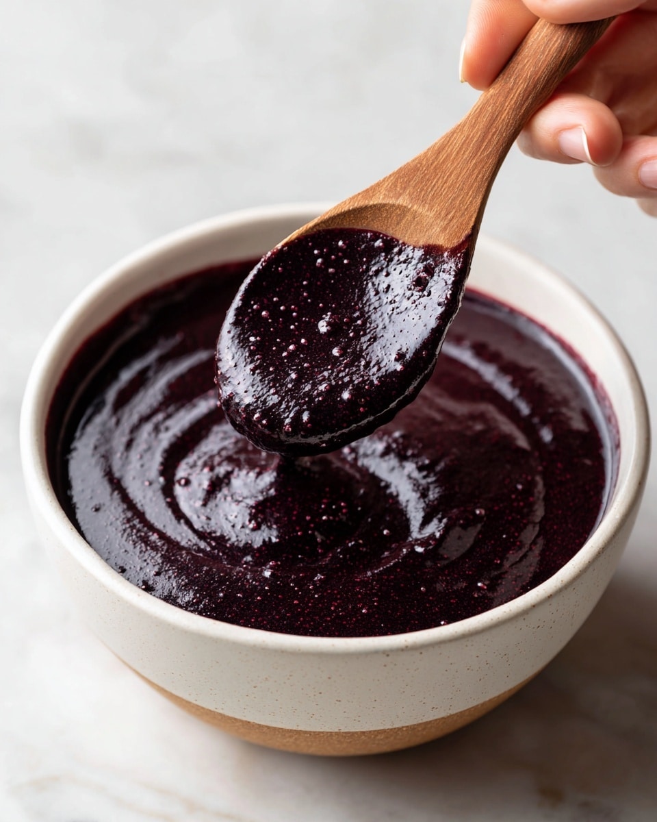 A close-up view of a single layer of thick, dark purple sauce filling a white bowl with smooth, glossy texture and small bubbles on the surface; a wooden spoon held by a woman's hand lifts a portion of the sauce showing its shiny, smooth consistency and rich color against the white marbled background photo taken with an iphone --ar 4:5 --v 7