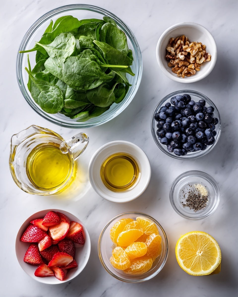 The image shows a top view of several clear glass bowls and a white bowl placed on a white marbled surface. The largest glass bowl is filled with fresh green spinach leaves, positioned in the upper left corner. To the right of it, a smaller glass bowl contains dark blue blueberries, next to half a yellow lemon placed at the top right. Below the blueberries, a tiny white bowl holds salt and black pepper together. Below the lemon and pepper, a small glass pitcher contains yellow olive oil, and next to it is a small white bowl with golden honey. Toward the bottom center, a bigger glass bowl holds bright red sliced strawberries. Adjacent to the strawberries on the left is a white bowl filled with peeled orange mandarin segments. Above this, there is a smaller glass bowl with small chopped brown nuts. A tiny glass bowl with minced pale yellow garlic is situated to the right of the honey. Another half lemon is at the bottom left corner. The colors are fresh and bright with a neat and clean setup photo taken with an iphone --ar 4:5 --v 7