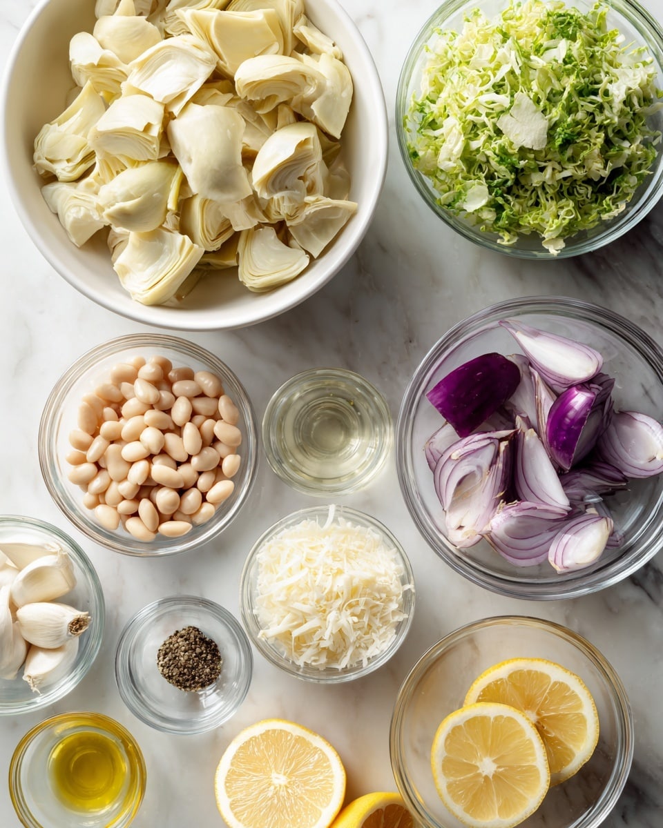 The image shows several clear and white bowls arranged on a white marbled surface, each holding different fresh ingredients. At the top, a white bowl is filled with pale yellow artichoke pieces with a soft texture. Below it on the left, another white bowl holds finely shredded green leafy Brussels sprouts. To the right of the Brussels sprouts, a small clear bowl contains thinly sliced purple and white shallots with a slightly curled shape. Below and to the right of the artichokes, two lemon halves with bright yellow rinds and juicy interiors are placed side by side. In the center, a small clear bowl is filled with finely grated white cheese. To the left of the cheese, a larger clear bowl holds light beige beans that look smooth and firm. To the right of the beans, a small clear bowl contains golden olive oil. Below the oil, a tiny bowl has finely chopped garlic with a creamy white color. Next to the garlic is a very small clear bowl with coarse white salt and black pepper. The overall look is fresh, clean, and ready for mixing. Photo taken with an iphone --ar 4:5 --v 7