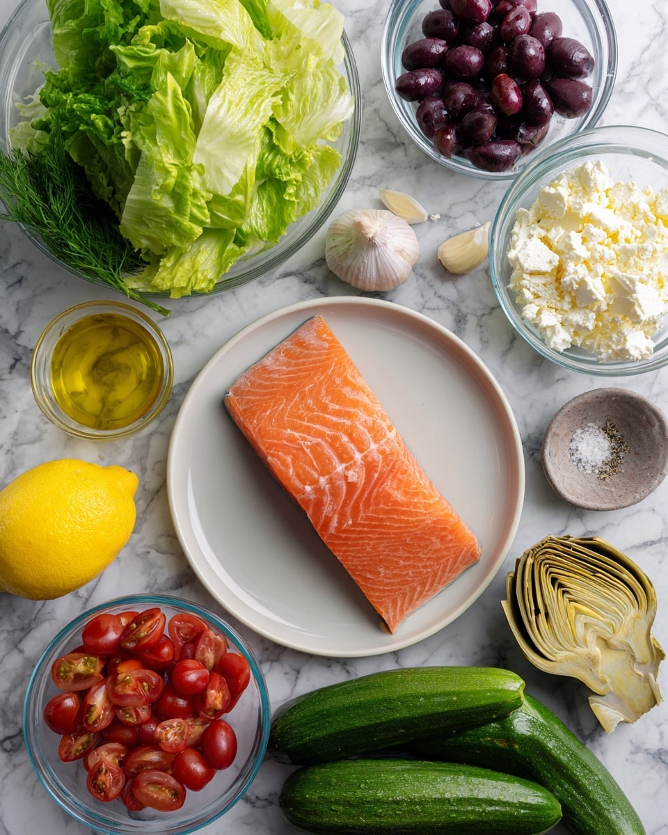 A fresh raw salmon fillet with a smooth orange and light pink texture lies centered on a white plate. Around it are clear glass bowls filled with different ingredients: bright green leafy lettuce at the top left, dark purple olives at the top right, crumbly white cheese to the right, deep red grape tomatoes in the bottom left, and pale yellow artichoke hearts at the bottom right. Three long, shiny green cucumbers with textured skin lay below the tomatoes. A whole bright yellow lemon and a purple onion sit above the plate near the top center. Two cloves of garlic, a small glass bowl of golden olive oil, and a bowl with salt and pepper rest near the bottom right. The whole scene is on a white marbled surface. photo taken with an iphone --ar 4:5 --v 7