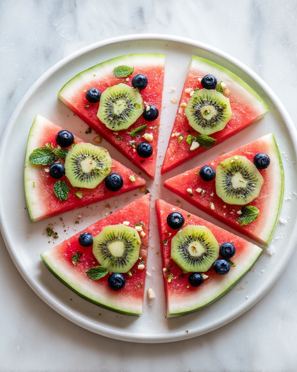 A round white plate with eight triangular slices of watermelon arranged in a circle to look like a pizza. Each slice has a bright red flesh with a light green rind. On top of the watermelon slices, there are green kiwi slices, dark blue blueberries, small green mint leaves, and small pieces of chopped nuts scattered evenly. The plate is set on a white marbled surface. photo taken with an iphone --ar 4:5 --v 7