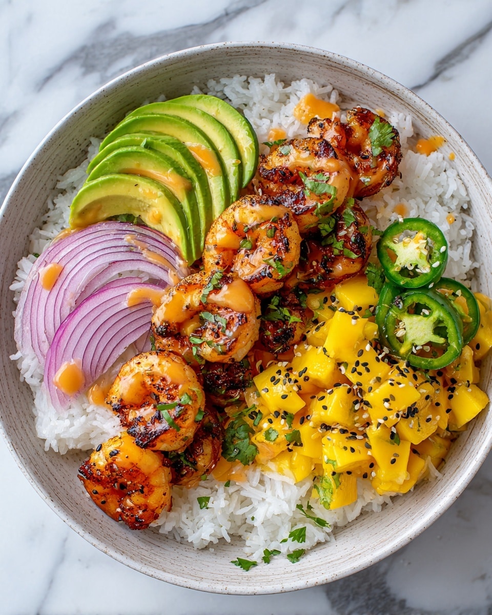 A white bowl filled with a base layer of white rice. On top, there are six grilled shrimp with a reddish-brown char, arranged in a row on the left side. Next to the shrimp, towards the top, is a small pile of purple sliced onions. To the right of the onions, bright green avocado slices fan out neatly. Below the avocado, there are small yellow mango chunks mixed with some green herbs and thin green slices. Everything is drizzled with a light orange sauce and sprinkled with black sesame seeds and chopped green herbs. The bowl sits on a white marbled surface. Photo taken with an iphone --ar 4:5 --v 7