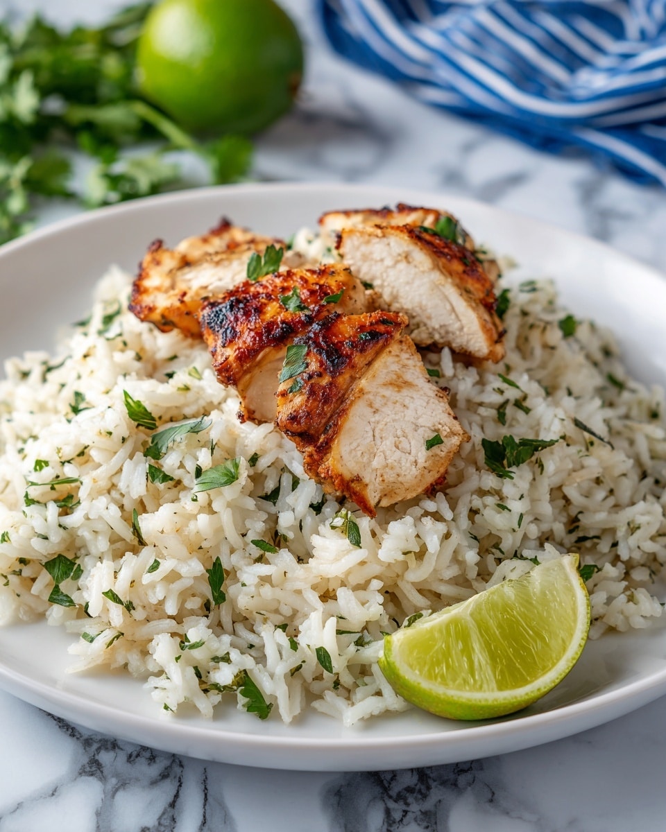 A white plate shows two pieces of golden brown chicken with a slightly charred surface and a creamy sauce drizzled on top, sprinkled with fresh green parsley. Below the chicken is a thick layer of fluffy white rice mixed with tiny green herbs. In front of the rice is a bright green wedge of lime. The plate sits on a blue and white striped cloth with a lime and a wooden surface blurred in the background. photo taken with an iphone --ar 4:5 --v 7