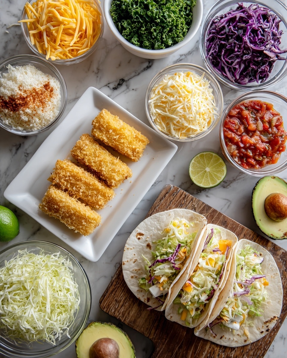 The image shows a white rectangular plate in the middle with two golden crispy fried pieces on the top right, shredded light yellow cheese next to them, and a pile of pale green shredded cabbage on the bottom left. To the right on a wooden board, there are three tacos filled with layers of light green lettuce, purple cabbage, small white chunks, and some orange sauce, with soft pale tortillas stacked beneath them. Surrounding the plate are six white bowls and three glass bowls, each holding different ingredients: shredded light green cabbage, dark green cooked kale, a light green and yellow creamy mix, red chunky salsa, finely chopped white onions with a sprinkle of reddish spice, shredded yellow cheese, and white grated coconut. A halved avocado with smooth bright green flesh and a whole lime sit on the white marbled surface around the bowls photo taken with an iphone --ar 4:5 --v 7