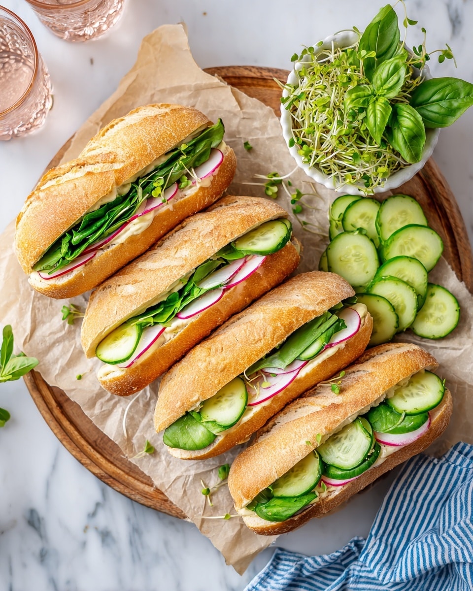 Two long sandwich halves lie side by side on a white marbled surface. The left half has a bottom layer of thin, round cucumber slices alternating with radish slices, topped with fresh green basil leaves evenly spaced along the length. The right half features a base spread of chunky, light beige hummus mixed with green herbs, on top of which are dark purple olive halves and fresh green asparagus tips scattered along the length. Thin rings of red onion are artistically placed over the hummus and olives, creating a colorful contrast with the base. Both sandwich halves are on light tan flatbread with visible pores and slight browning. photo taken with an iphone --ar 4:5 --v 7