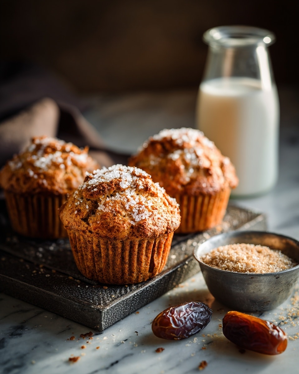 Three golden brown muffins with a cracked top and sprinkled sugar crystals sit on a textured dark tray. The muffins have a rough, crumbly texture on top and are in dark brown paper liners. There are a few crumbs scattered on the tray around the muffins. In the background, there is a small clear glass jar filled halfway with white milk, and a small bowl with brown sugar. The surface is white marbled texture, and the overall setting shows a cozy rustic feel. photo taken with an iphone --ar 4:5 --v 7