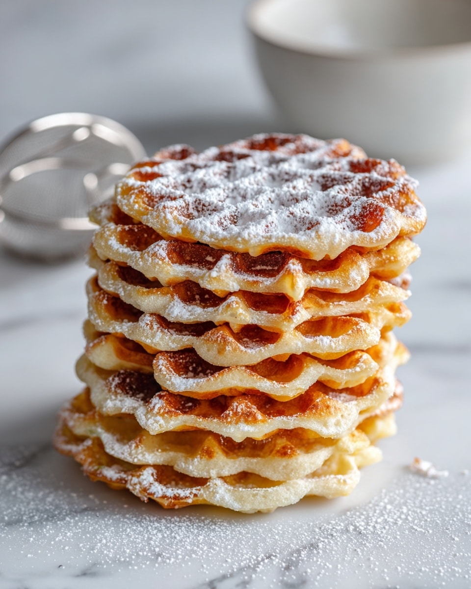 A tall stack of eight round waffles sits directly on a white marbled surface, each waffle showing a golden brown color with a delicate, web-like pattern. The waffles vary slightly in shade, some being lighter and others darker, with soft, uneven edges that add visual texture. A light dusting of powdered sugar covers the top waffle and spills gently over the sides, adding a fine white contrast to the warm tones. In the blurry background, there is a white marble bowl with a metal sifter resting inside, enhancing the simple, clean presentation. photo taken with an iphone --ar 4:5 --v 7