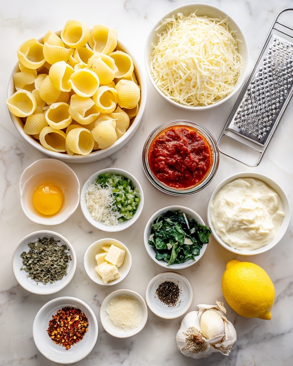 The image shows many ingredients neatly placed on a white marbled surface. At the center left is a white bowl filled with large yellow pasta shells. Above it, a white bowl holds shredded white cheese. To the right, a small white bowl has a creamy white mixture, and above it a clear jar is full of red tomato sauce. Surrounding these are smaller white bowls containing a cracked egg, butter, lemon zest, minced garlic, green chopped leaves (likely spinach), grated cheese, olive oil, and small piles of black pepper, oregano, salt, and chili flakes. On the far right is a bright yellow lemon and a metal grater. Everything is laid out clearly and brightly. Photo taken with an iphone --ar 4:5 --v 7