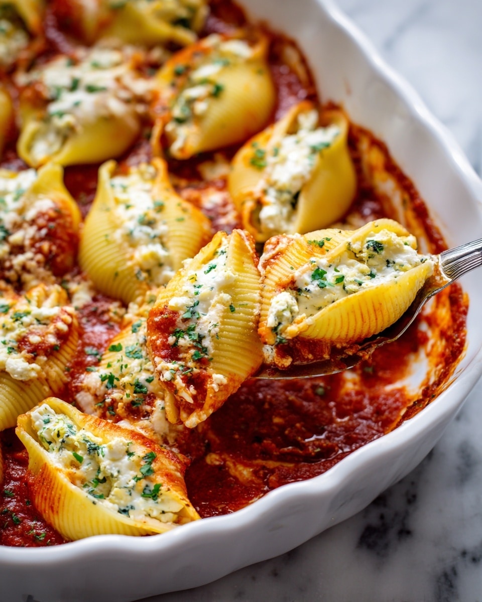 This dish shows a white baking dish filled with large yellow pasta shells stuffed with a creamy white cheese filling, arranged close together. The shells are topped with a bright red tomato sauce scattered unevenly on top, and melted white cheese covering parts of the shells and sauce. Small green parsley pieces are sprinkled all over the dish, adding contrast to the yellow pasta, red sauce, and white cheese. A silver spoon with a wooden edge is lifting one stuffed shell from the dish, revealing the rich tomato sauce underneath. The background is a white marbled texture. photo taken with an iphone --ar 4:5 --v 7