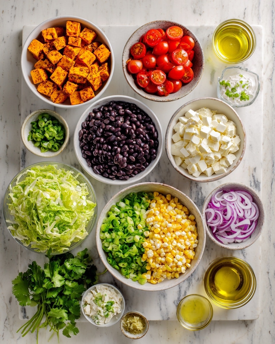 The image shows a top view of various fresh ingredients arranged on a white marbled surface. There are nine bowls in total: one bowl with orange, seasoned tofu cubes, another with halved red cherry tomatoes, one bowl filled with black beans, a bowl with chopped white cheese cubes, and a bowl of chopped green onions in liquid. A larger bowl holds diced avocado and white corn kernels side by side. There is also a bowl with shredded green lettuce and a small bowl containing a white creamy herb dip. Fresh cilantro and sliced red onions are placed on the surface near the bowls. Additionally, there are two small glasses filled with a golden liquid, likely oil or dressing. The ingredients are organized neatly, creating a colorful and fresh look. Photo taken with an iphone --ar 4:5 --v 7