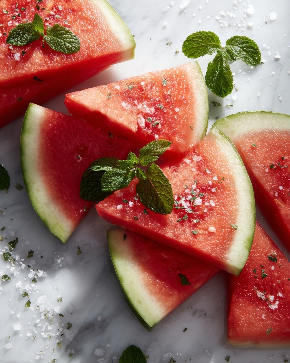 The image shows several triangular slices of watermelon arranged on a white marbled surface. Each slice has a bright red interior with visible seeds and a thick green rind. Fresh green mint leaves are placed on top of the watermelon slices, adding a pop of color and texture. Small coarse salt crystals are sprinkled over the watermelon and the surface, enhancing the fresh look. The lighting creates shadows and highlights the juiciness of the watermelon. photo taken with an iphone --ar 4:5 --v 7