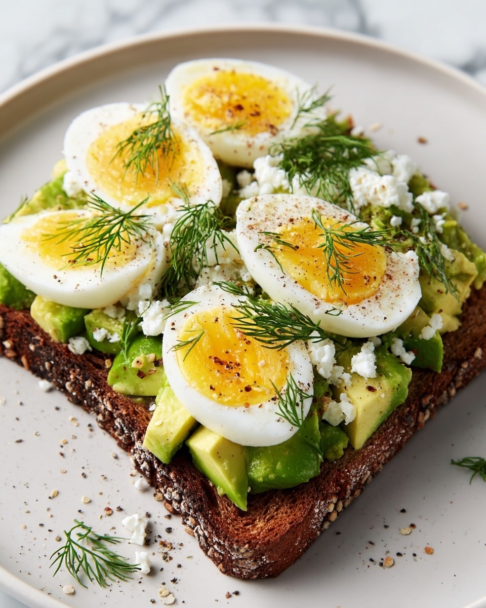 A thick slice of toasted brown bread sits on a white plate with a white marbled surface underneath. On top of the toast, there is a layer of bright green avocado slices, followed by crumbled white cheese scattered over it. Three halves of hard-boiled eggs with yellow yolks and white edges are arranged on top of the avocado. The eggs are sprinkled with herbs and seasoning, and fresh green dill sprigs are placed over the eggs and around the toast, adding a fresh look. Photo taken with an iphone --ar 4:5 --v 7