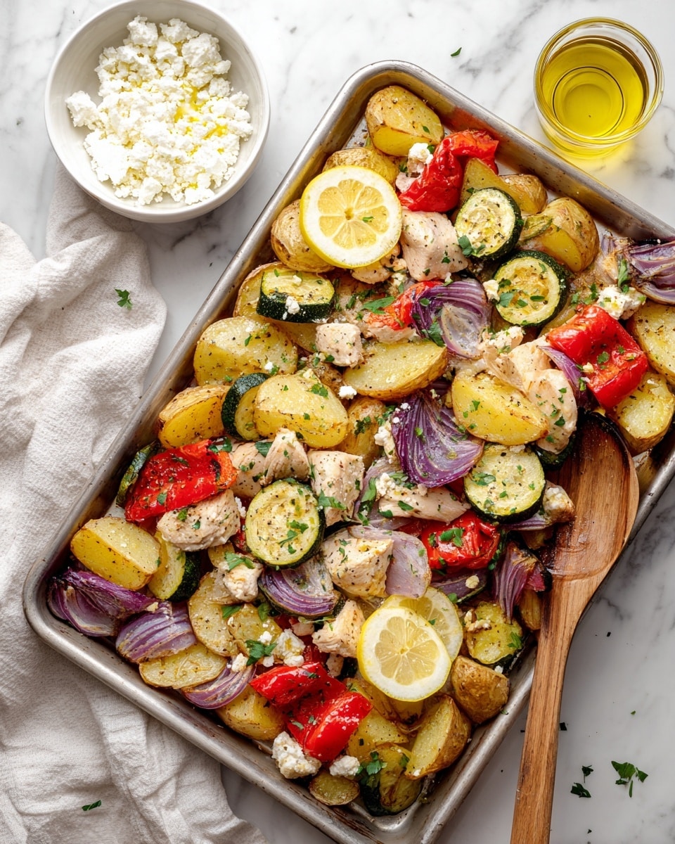 The image shows a large metal baking tray filled with layers of cooked food. The bottom layer is made of roasted potato wedges, which are golden brown with some darker edges. Scattered on top are grilled pieces of chicken that are light beige with slight browning. Mixed in are slices of red bell pepper, green zucchini, and purple onion, each piece showing slight charring. Cherry tomatoes, both whole and halved, add bright red spots among the vegetables. Small chunks of white cheese crumble over the top, along with fresh green parsley leaves and a few lemon wedges placed near the center. A wooden spoon rests on the tray's right side among the food. The tray is set on a white marbled surface, next to a white bowl filled with more crumbled cheese and a glass jar of yellow liquid. Photo taken with an iphone --ar 4:5 --v 7