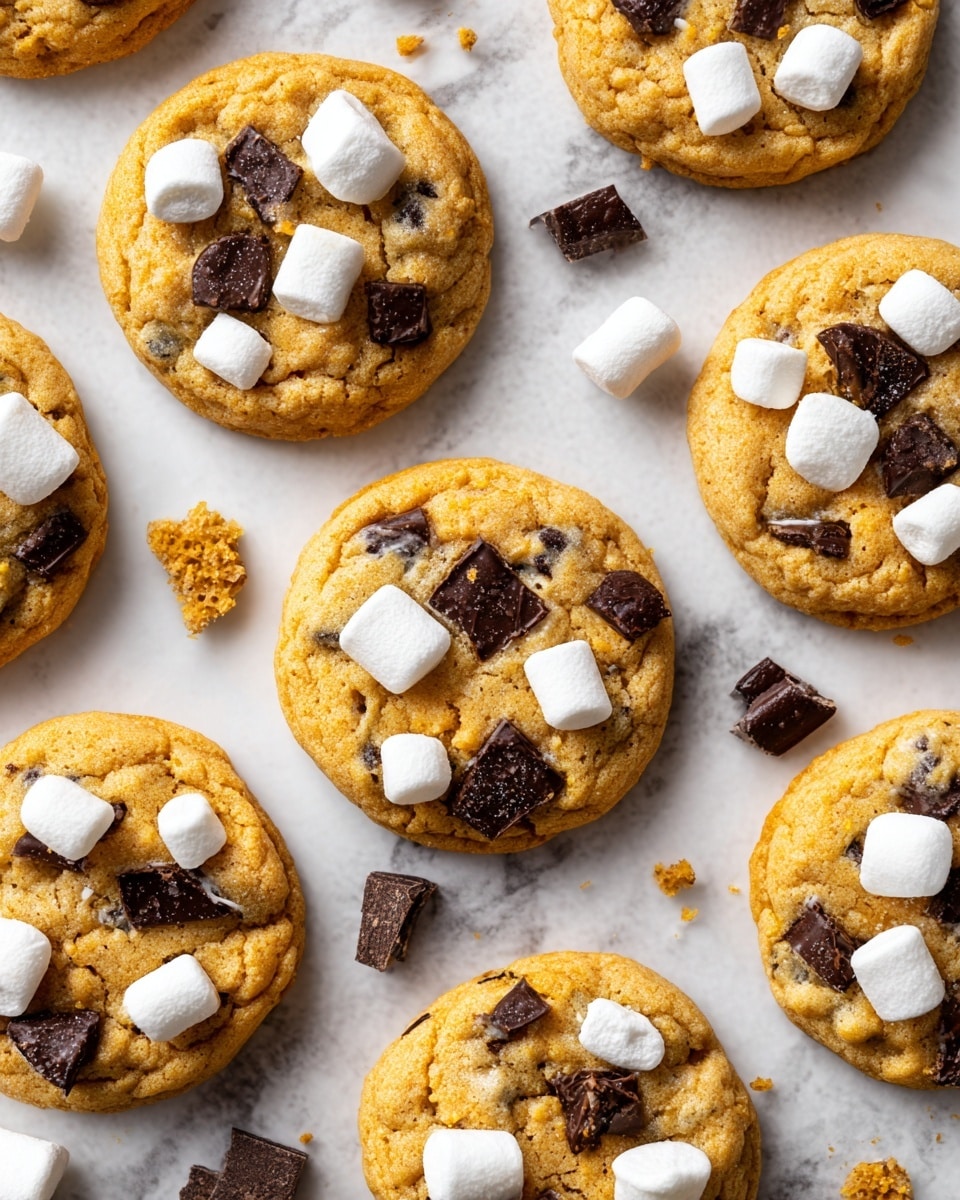The image shows a close-up of soft cookies on a white marbled surface. Each cookie has a golden-brown base with a slightly crisp edge and a soft center. On top of the cookies, there are white toasted marshmallows and dark chocolate chunks that are partially melted, creating a mix of smooth and slightly rough textures. The cookies are arranged closely together, giving a warm and cozy feel. Photo taken with an iphone --ar 4:5 --v 7