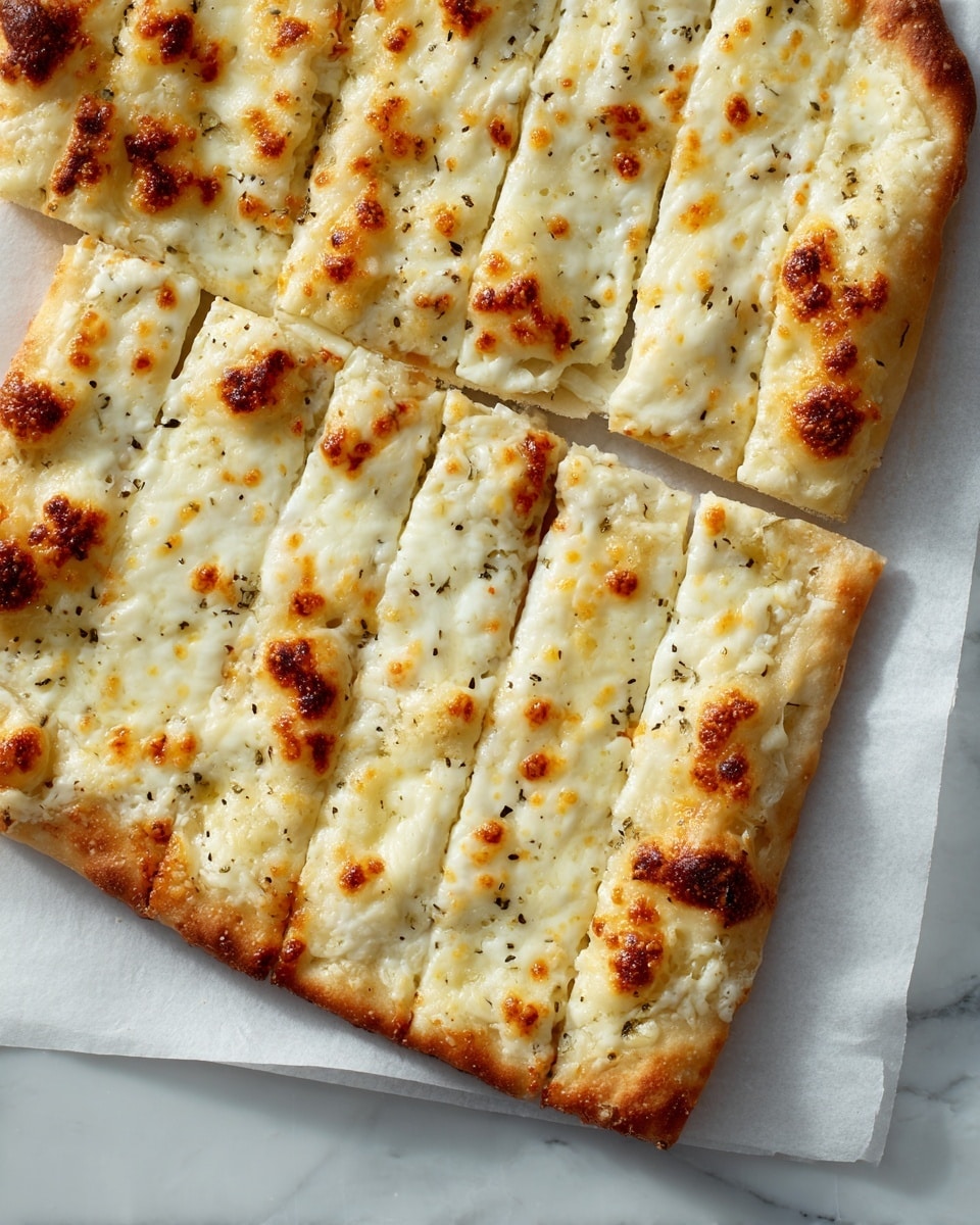 A large flatbread with two layers: a bottom layer of light golden-brown baked dough with a soft texture and slightly puffed edges, topped with a thick layer of melted white cheese that is creamy with small golden-brown crispy spots and specks of black pepper spread evenly across the top; the flatbread is cut into fourteen long rectangular pieces, arranged vertically on a white parchment paper that rests on a white marbled surface. photo taken with an iphone --ar 4:5 --v 7