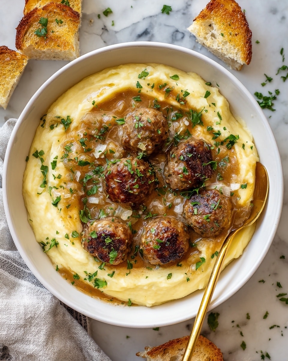 A white pan filled with many round brown meatballs covered in a thick dark brown sauce with small pieces of orange onion mixed in. The meatballs are sprinkled with green chopped herbs on top, adding a fresh contrast. A metal spoon is scooping up a few meatballs from the pan, showing the thick sauce glistening on them. The background is a white marbled texture. photo taken with an iphone --ar 4:5 --v 7