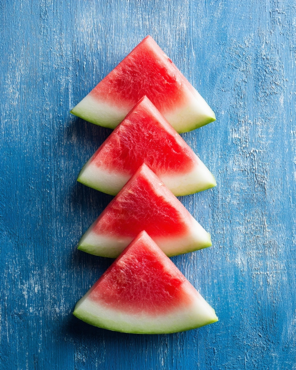 The image shows five triangular slices of watermelon laid out in a straight line on a textured blue wooden surface. Each slice displays three layers: a bright red juicy fruit layer in the center, a thin white rind layer after that, and a green outer rind layer. The slices appear fresh and evenly cut, with no seeds visible. The blue background contrasts with the vibrant colors of the watermelon slices, making them stand out clearly. photo taken with an iphone --ar 4:5 --v 7