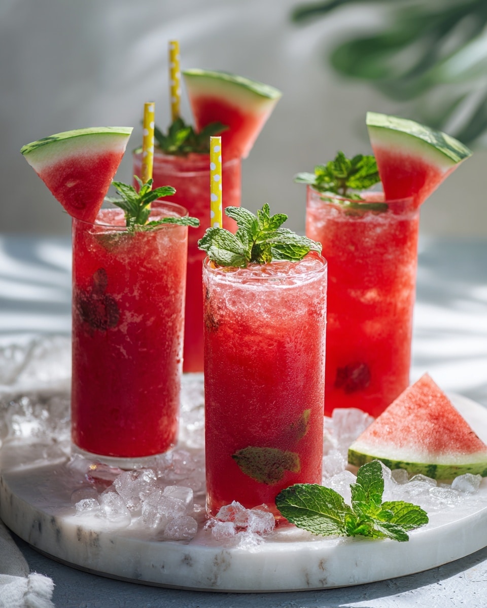 A round white plate holds four tall clear glasses filled with pink watermelon juice. Each glass has a yellow straw with white dots, and three glasses have large bright red watermelon wedges with green rinds placed on the rim. One glass in the front has a sprig of fresh green mint leaves floating in the juice. Around the glasses on the plate, there are several clear ice cubes scattered. The background is softly lit, with a white marbled texture surface under the plate. Photo taken with an iphone --ar 4:5 --v 7