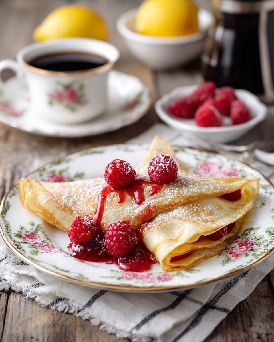 The image shows two folded yellow crepes on a white plate with blue and pink floral designs. The crepes are lightly dusted with white powdered sugar and topped with bright red raspberry sauce drizzled in uneven lines. Several whole raspberries are placed on and around the crepes, adding a fresh and juicy look. The plate rests on a white marbled surface, and soft natural light gives a warm tone to the scene. In the background, part of another white plate with similar crepes and raspberries is visible. Photo taken with an iphone --ar 4:5 --v 7