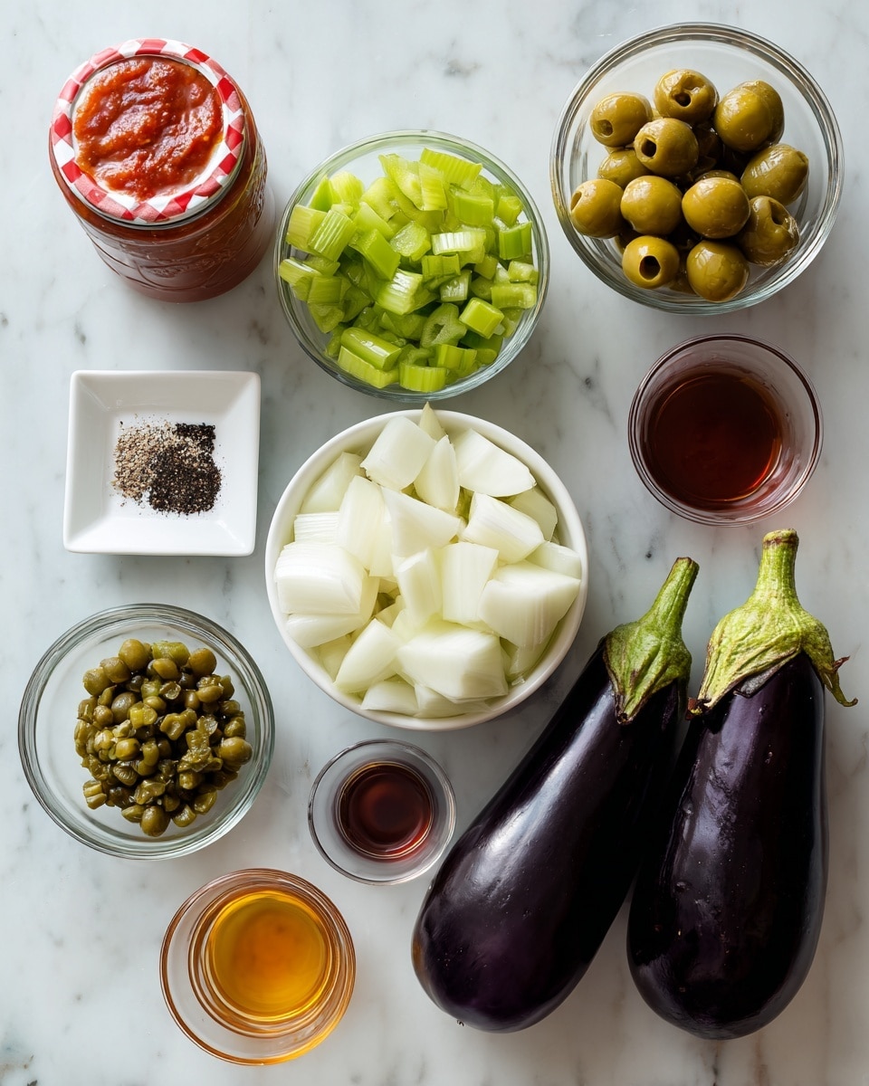 The image shows several cooking ingredients placed neatly on a white marbled surface. At the bottom right are two whole dark purple eggplants with bright green tops. To their left is a small white square dish holding a mix of black pepper and salt. Above it, a white bowl holds large chunks of white onion. Above the onion bowl, a clear glass bowl is filled with green olives, some cut open. To the left of the olives, another clear glass bowl holds chopped green celery pieces. Below the celery, a clear glass bowl contains small green capers. Behind these bowls is a tall jar with a red and white checkered lid containing a red sauce. To the right of the jar, two small clear cups have liquids: one golden and one dark brown. The photo was taken with an iphone --ar 4:5 --v 7