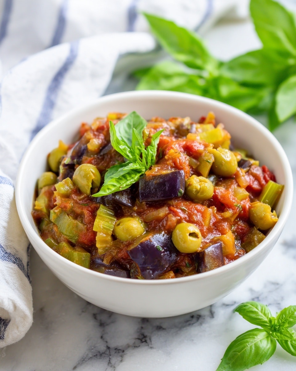 A white bowl filled with a cooked vegetable mix. The bottom layer shows soft green grapes and light green celery pieces, mixed with diced onions that are pale yellow and translucent. Over this, deeper purple pieces of eggplant with a slightly wrinkled texture sit with pieces of cooked tomato sauce in a rich red color. On top, a fresh green basil leaf adds a clean vibrant touch. The bowl is set on a white marbled surface with a white towel with blue stripes in the background. Photo taken with an iphone --ar 4:5 --v 7