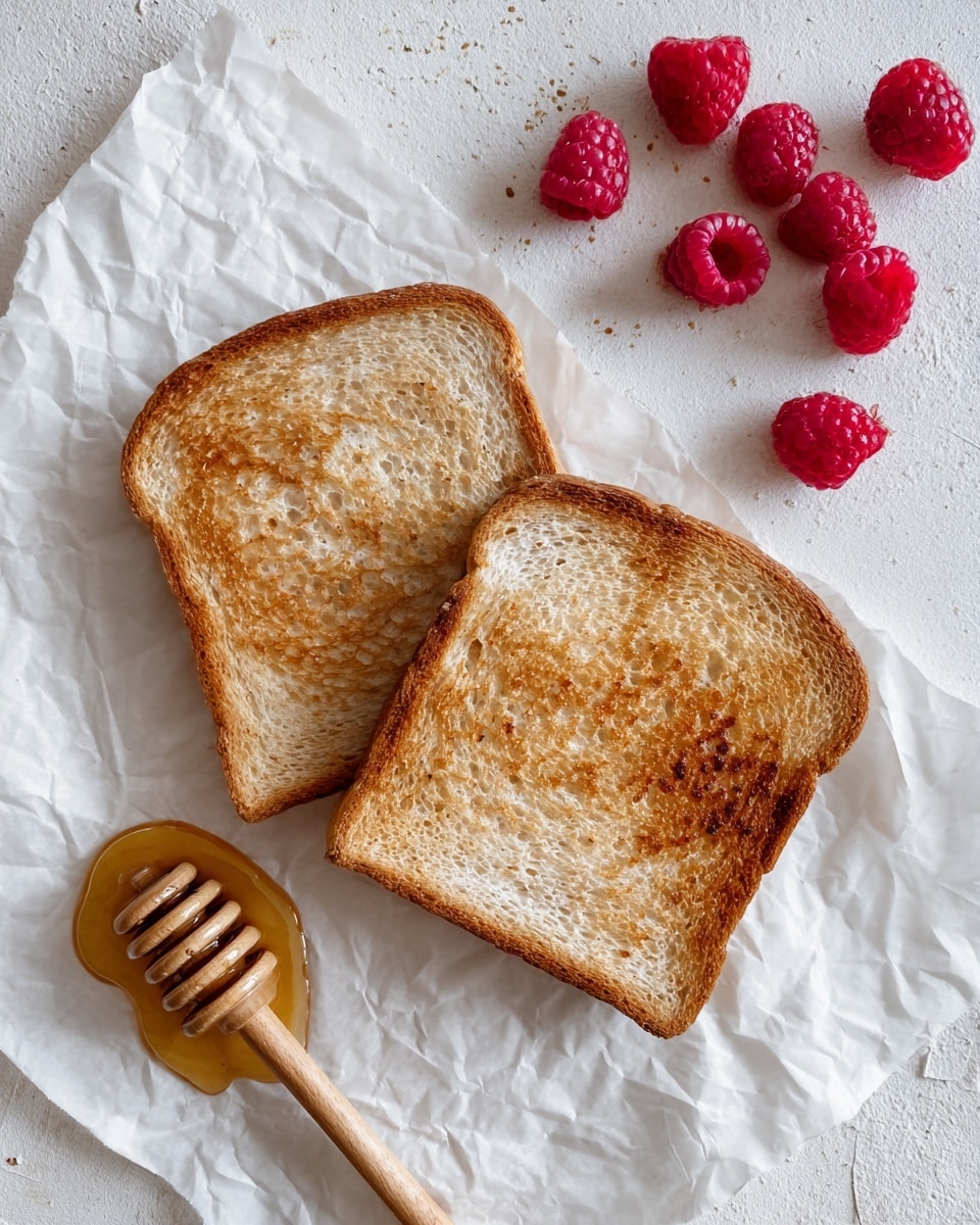 Two toasted slices of light brown bread with a slightly darker toasted center are placed side by side on crumpled white parchment paper. To the upper right, seven red raspberries are scattered on a white marbled surface. Above the bread, a wooden juicer with a natural wood texture lies diagonally. Below the bread, a small honey dipper with light brown honey sits horizontally. The whole setup is on a white marbled textured surface. photo taken with an iphone --ar 4:5 --v 7
