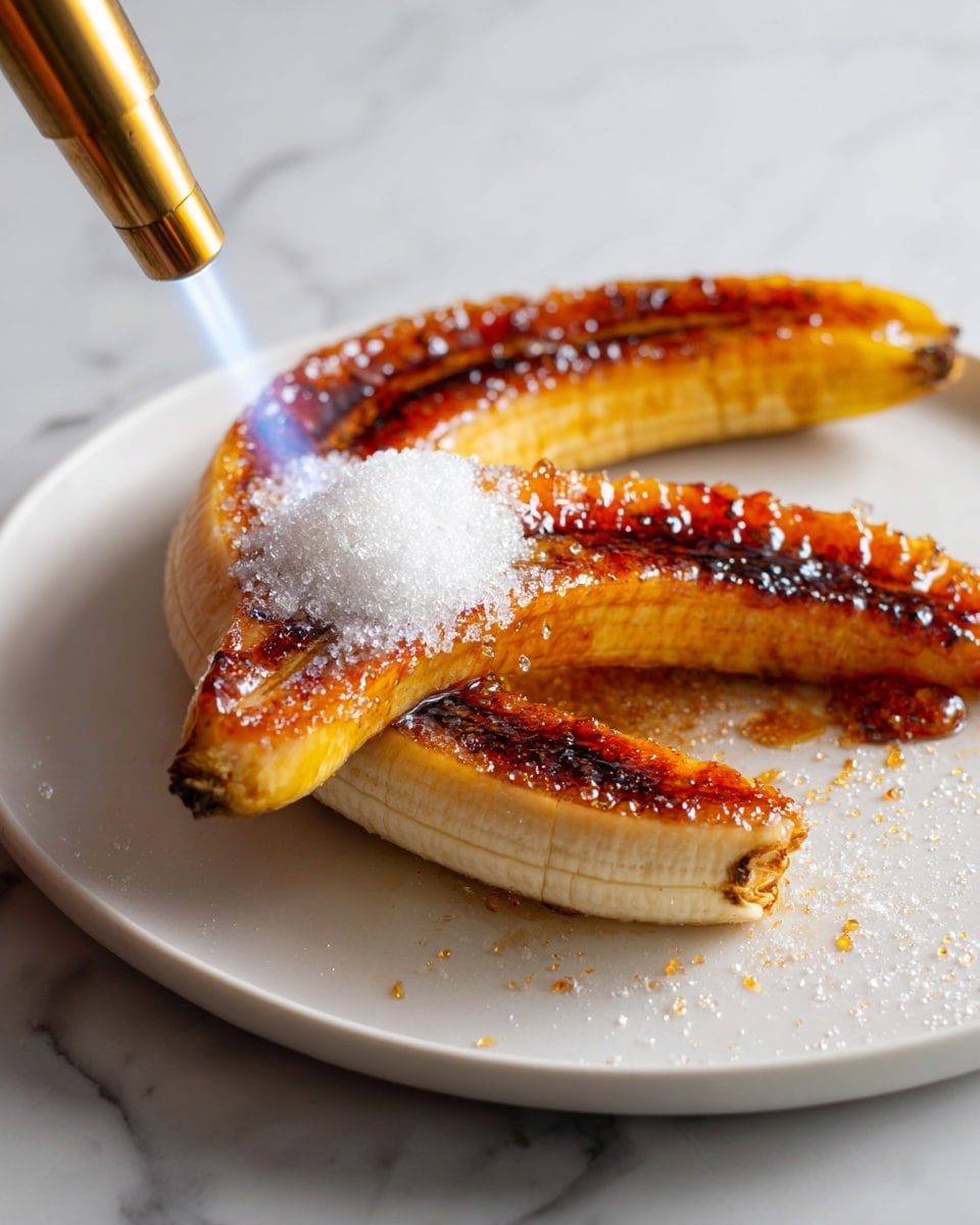 The image shows a peeled banana, split in half lengthwise and placed on a white plate with a white marbled surface underneath. One half of the banana is being caramelized with a blowtorch held by a woman's hand, creating a golden brown caramelized layer on the curved surface of the banana. A small pile of white sugar is sprinkled on top of the caramelized part, with some sugar spilling onto the plate. The banana halves are positioned close to each other, following the curve of the plate. Photo taken with an iphone --ar 4:5 --v 7
