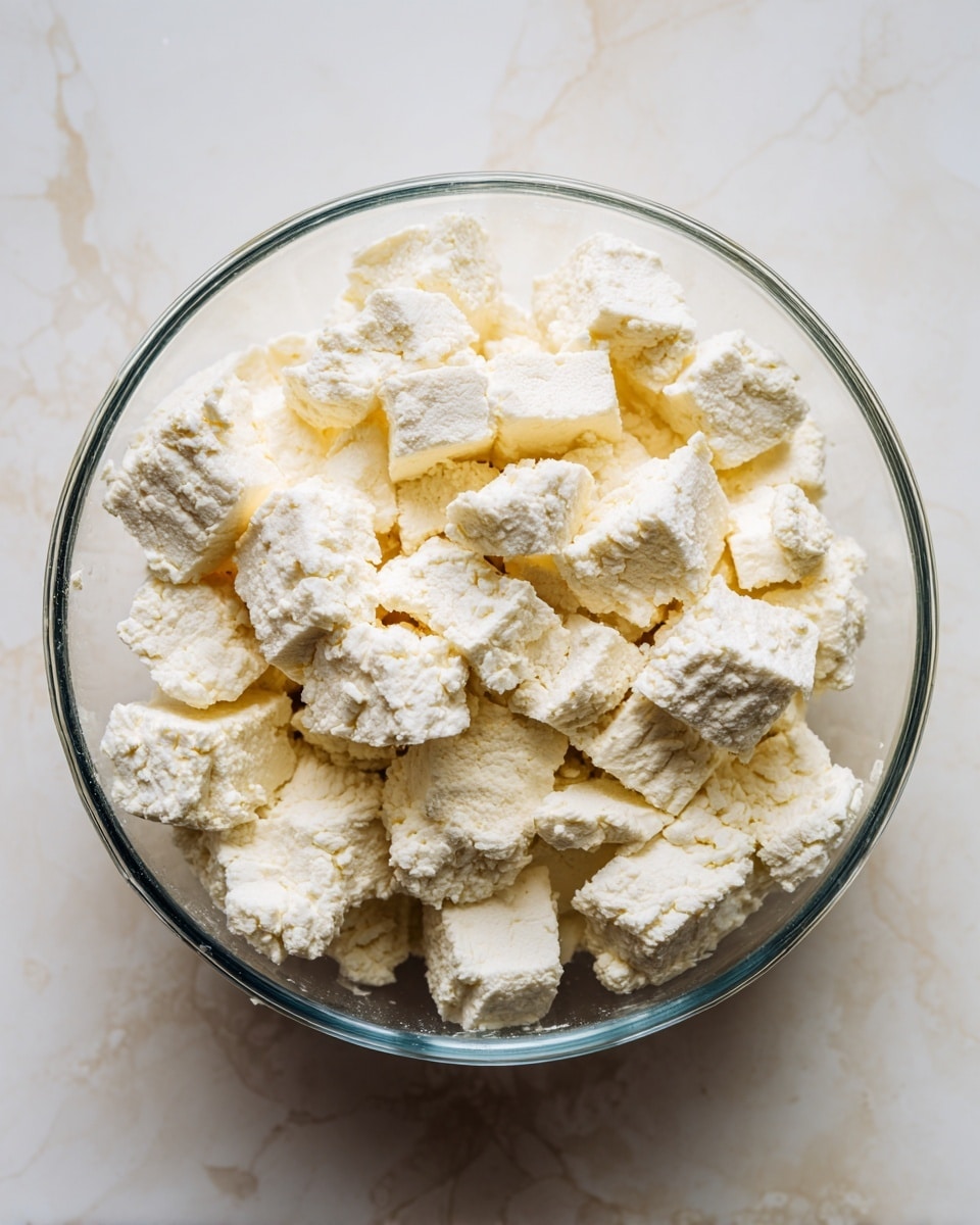 A clear glass bowl filled with uneven white blocks of a soft, crumbly cheese or butter sits on a white marbled textured surface. The bowl is seen from above, showing the mix of rough and smooth edges on the chunks. The texture of the cheese or butter looks crumbly but slightly creamy in some parts. The colors inside the bowl are pale with some pieces having a very light yellow hue. There is no other food or decoration in the image photo taken with an iphone --ar 4:5 --v 7