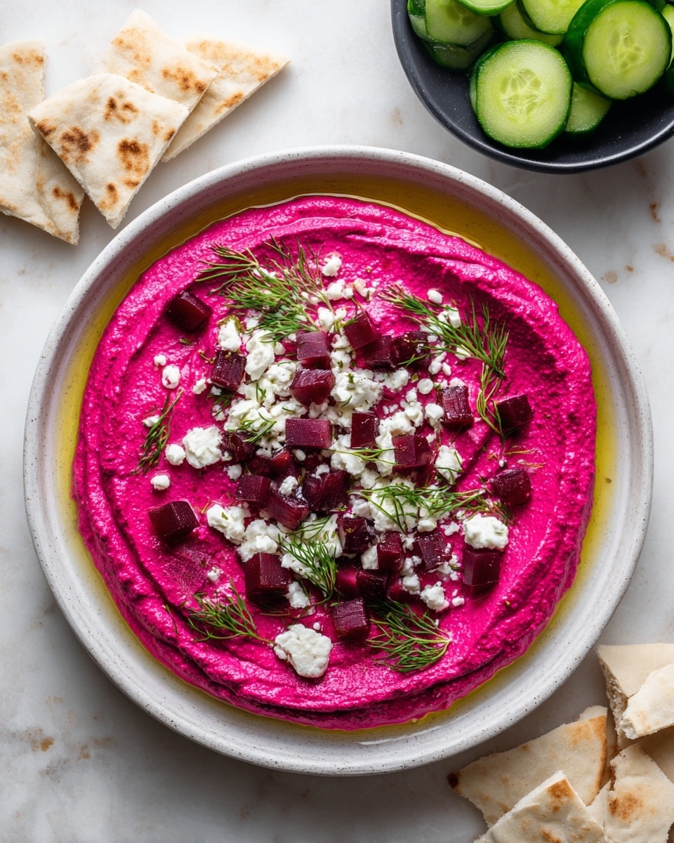 A white plate holds a smooth, thick layer of bright pink beet spread swirled with textured waves, topped with small dark red beet cubes, crumbled white cheese, and fresh green dill sprigs scattered evenly across the surface. The spread sits in a shallow pool of golden olive oil that glistens along the edges. Around the plate, on a white marbled background, there are pieces of white pita bread, some folded and some in chunks. To the upper right, a black bowl filled with halved green cucumbers adds fresh color contrasts. Photo taken with an iphone --ar 4:5 --v 7