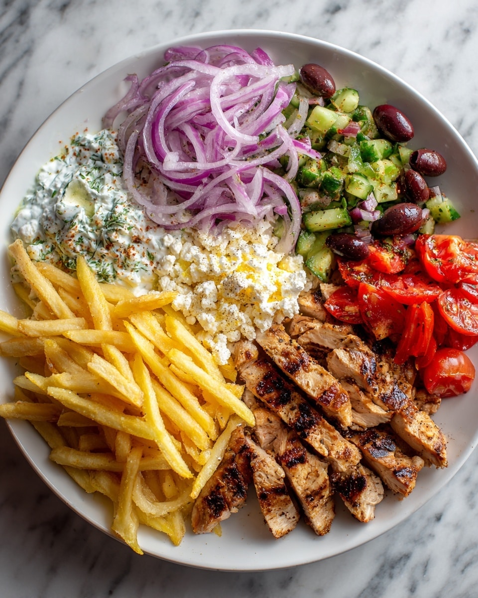 A round white plate with a meal divided into sections. Starting at the bottom right, there are grilled chicken slices with a brown, slightly charred texture. To the left of the chicken, there is a pile of golden French fries with a crispy look. Above the fries is a scoop of white, crumbly cheese. To the top left of the cheese is a scoop of creamy white sauce with green herb bits. Next to it are thinly sliced red onions, and above the onions, bright red cherry tomato halves. At the top right, there is a cucumber salad with green cucumber pieces and dark purple olives. The plate rests on a white marbled surface. Photo taken with an iphone --ar 4:5 --v 7
