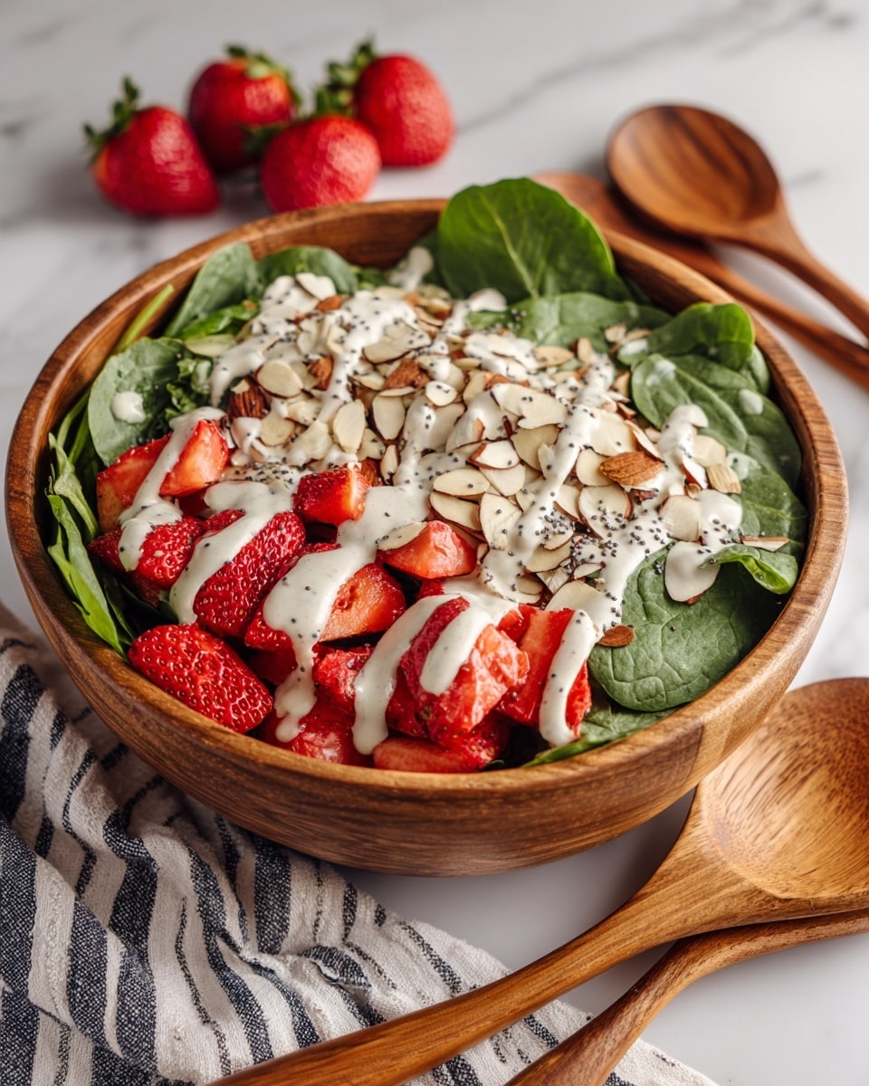 A wooden bowl filled with a fresh salad showing three main layers: the bottom layer is a bed of bright green baby spinach leaves with smooth texture, the middle layer has vibrant red strawberry slices evenly spread around, and the top layer is sprinkled with light beige almond slices and tiny black poppy seeds. A creamy white dressing with tiny black specks is drizzled over the salad, adding a glossy touch. The bowl is placed on a white marbled surface with two wooden salad spoons nearby and some whole strawberries and spinach leaves scattered around. Photo taken with an iphone --ar 4:5 --v 7