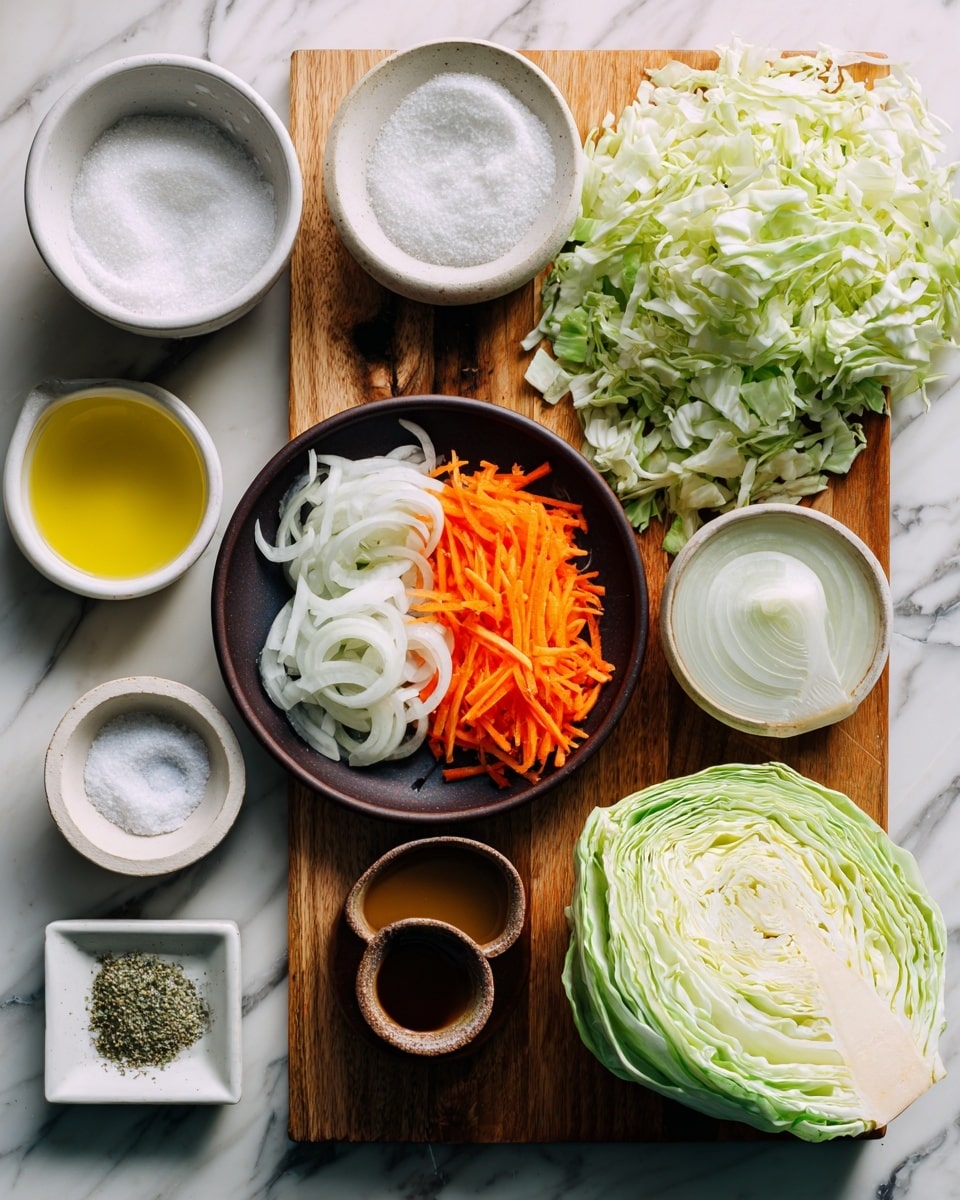 The image shows a white marbled surface with several small white bowls and a wooden cutting board placed on it. On the wooden board, there is a pile of chopped light green cabbage and a half head of green cabbage to the side. Above the board, there is a white bowl full of fine white sugar. To the left of the sugar, a small yellow bowl contains clear olive oil, and nearby, another yellow bowl holds distilled vinegar. A small brown bowl sits at the bottom with a thick beige mustard. At the top center, a dark brown round plate is divided into two parts: one with bright orange shredded carrots and the other with thinly sliced white onions. To the left of this plate, a small white dish has two sections – one with coarse white kosher salt and the other with black pepper. Below that, a small white bowl contains a greenish powdered celery seed. The entire setup is neat and brightly lit, emphasizing the colors of the fresh ingredients. Photo taken with an iphone --ar 4:5 --v 7