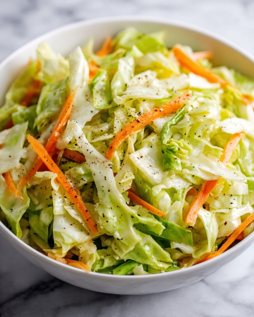 A white bowl filled with shredded cabbage and thin orange carrot sticks mixed evenly, creating a fresh and crunchy salad with light green and white cabbage layers scattered throughout; the salad is lightly speckled with black pepper adding texture and contrast. The bowl sits on a surface with a white marbled texture. photo taken with an iphone --ar 4:5 --v 7