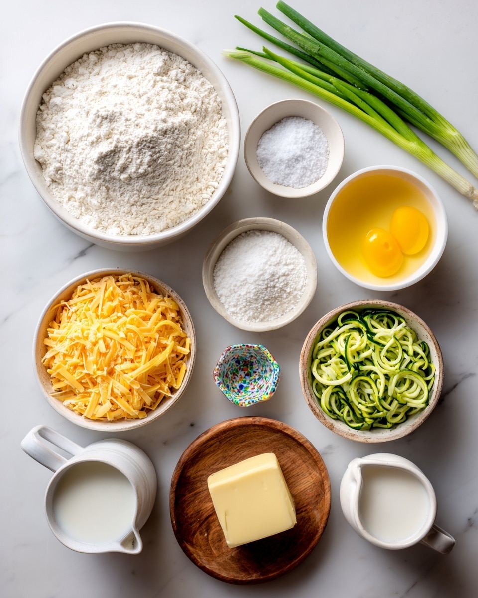 The image shows a neat arrangement of ingredients on a white marbled surface. Starting from the top left, there is a large white bowl filled with white gluten-free flour, next to it are bright green onions lying horizontally. To the right is a small white bowl with salt, and beside that, a medium white bowl with beaten yellow eggs. Below these are smaller white bowls containing baking soda and baking powder, both white powder, and a small colorful bowl with white garlic powder placed on a wooden board. There is shredded green zucchini in a small brown bowl on the same wooden board. Nearby is a white bowl filled with sharp cheddar cheese in bright orange strands. Below the cheeses and zucchini, there is a white cup with white milk and another small white bowl with a square block of yellow butter. All items are spaced evenly in a clean, bright setting. photo taken with an iphone --ar 4:5 --v 7