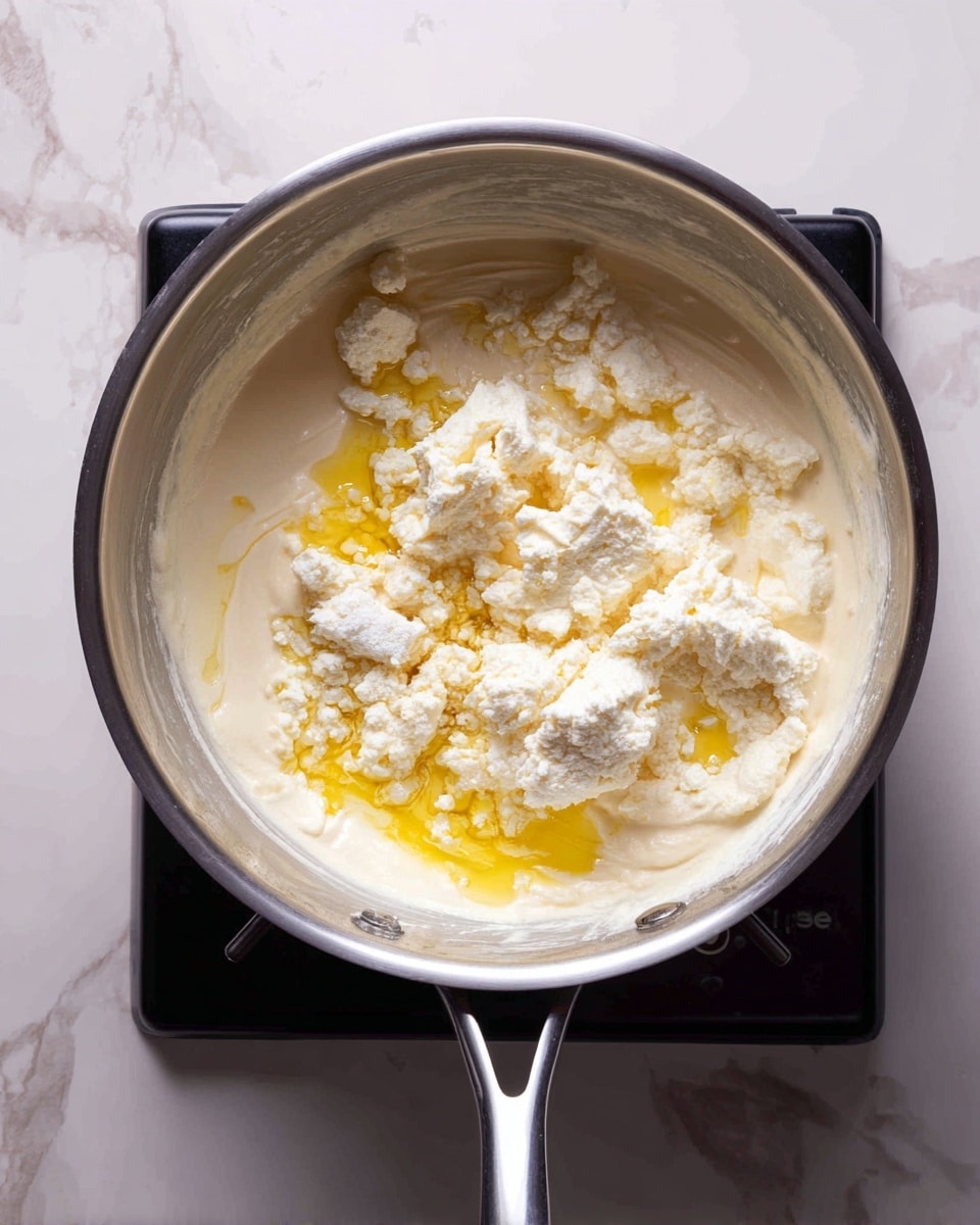 A silver pot sits on a stove with a creamy mixture inside that has different layers and colors. The base layer is a light cream color and looks smooth, while on top there are uneven white lumps that look like flour or dough. Yellow spots of oil or butter float on the surface, adding bright splashes of color. The pot has a shiny handle and is placed on a black stove burner. The background shows parts of a kitchen area with a white marbled texture surface. Photo taken with an iphone --ar 4:5 --v 7