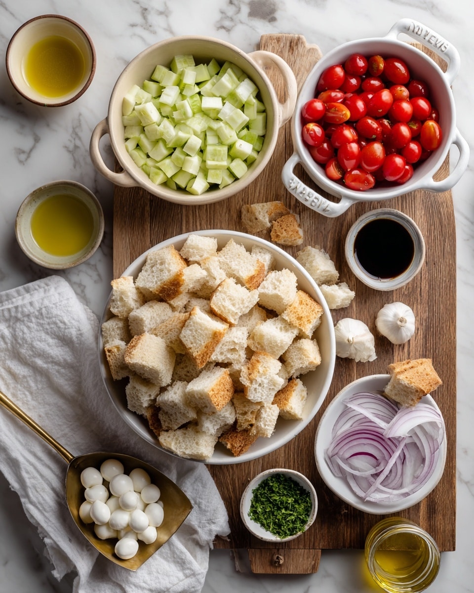 A white bowl filled with large chunks of crusty bread sits in the center on a wooden board over a white marbled surface. Above it to the left is a light beige bowl full of small chopped pieces of cucumber. To the right, there is a white bowl with two handles filled with halved bright red cherry tomatoes. Below this bowl is a small white dish with chopped green herbs. At the bottom right corner, a small white bowl holds several rings of purple onion. On the left side of the wooden board, a brass scoop holds small white balls of mozzarella cheese, with two cloves of garlic placed beside it. Several small containers with honey mustard sauce, olive oil, and vinegar are scattered around the bowls and board. A folded white cloth adds texture beneath the white bowl of tomatoes. Photo taken with an iphone --ar 4:5 --v 7
