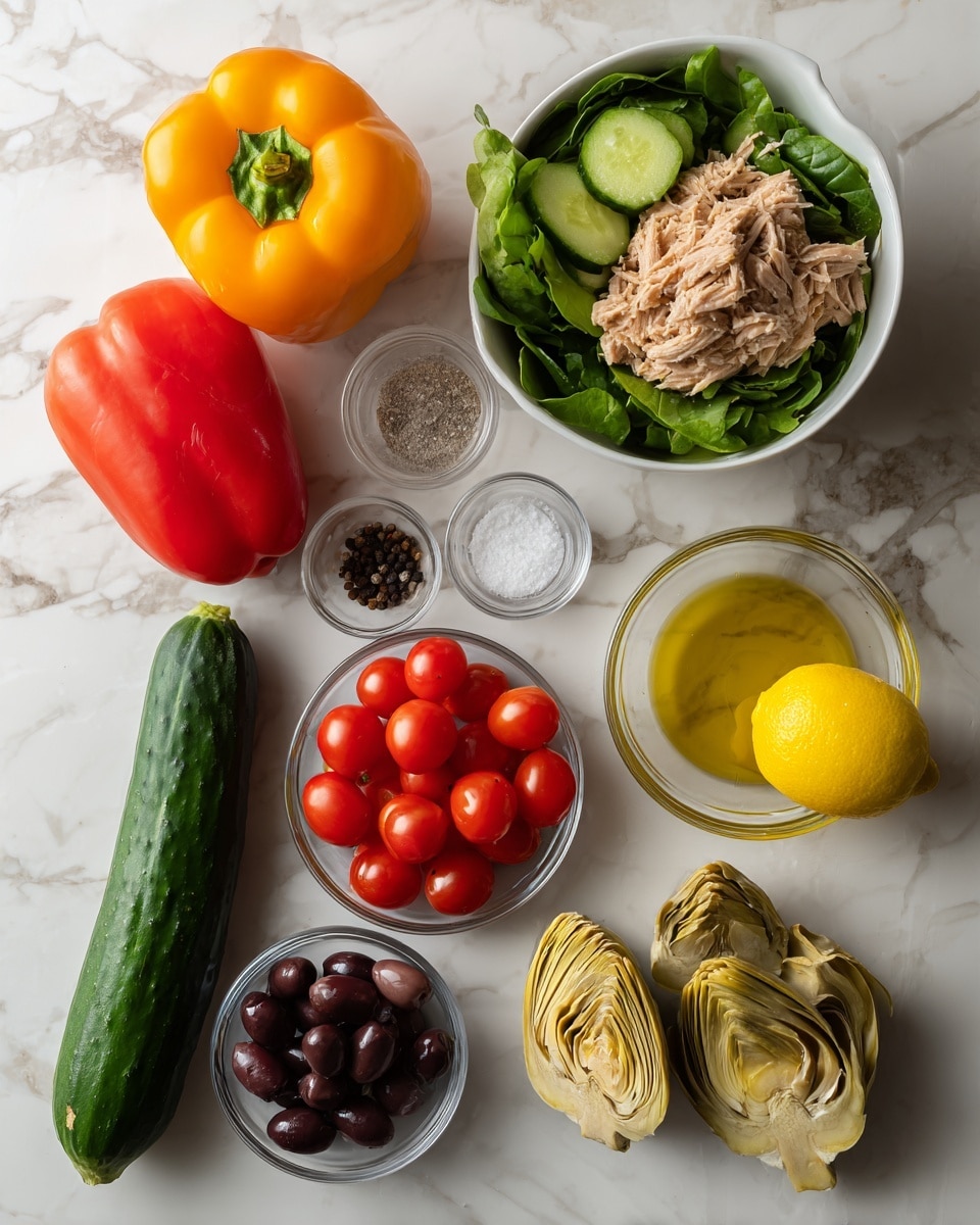 The image shows a top view of fresh ingredients arranged on a white marbled surface. There are two whole bell peppers, one orange on the left and one red slightly above it. Below them is a white bowl filled with mixed fresh green leafy vegetables. To the right of the orange pepper is an opened can with light beige tuna flakes. Next to the tuna is a small glass bowl filled with golden olive oil, and beside it is a whole yellow lemon. Below the lemon, there is a small glass bowl with white salt and black pepper. Below that, a long dark green cucumber lies horizontally. Toward the bottom left, a white bowl contains many small, round, red cherry tomatoes. Next to the tomatoes, a small clear glass bowl holds dark purple olives. Above the olives, a white bowl contains three light brown and beige artichoke halves. The photo taken with an iphone --ar 4:5 --v 7