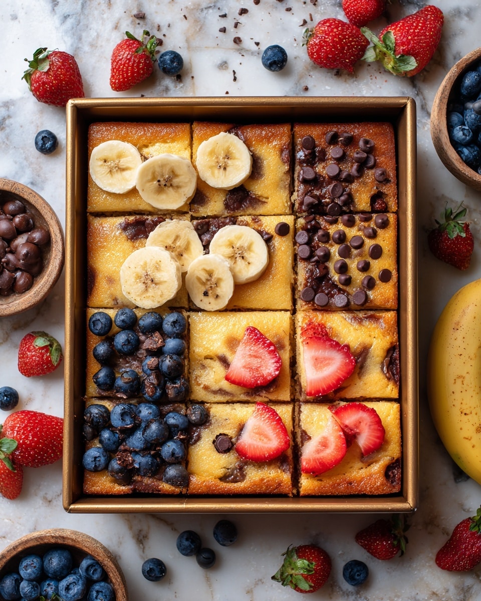 A rectangular baked cake is divided into sixteen square pieces inside a metal baking tray. The top layer is light golden brown with a soft texture, divided into four sections by the fruit toppings: the top left has round slices of banana with a slightly browned edge, the top right has scattered small dark chocolate chips, the bottom left has dark blueberries spread evenly, and the bottom right has halved red strawberries. The tray is placed on a white marbled surface with fresh strawberries, blueberries, and small bowls of ingredients around it. photo taken with an iphone --ar 4:5 --v 7