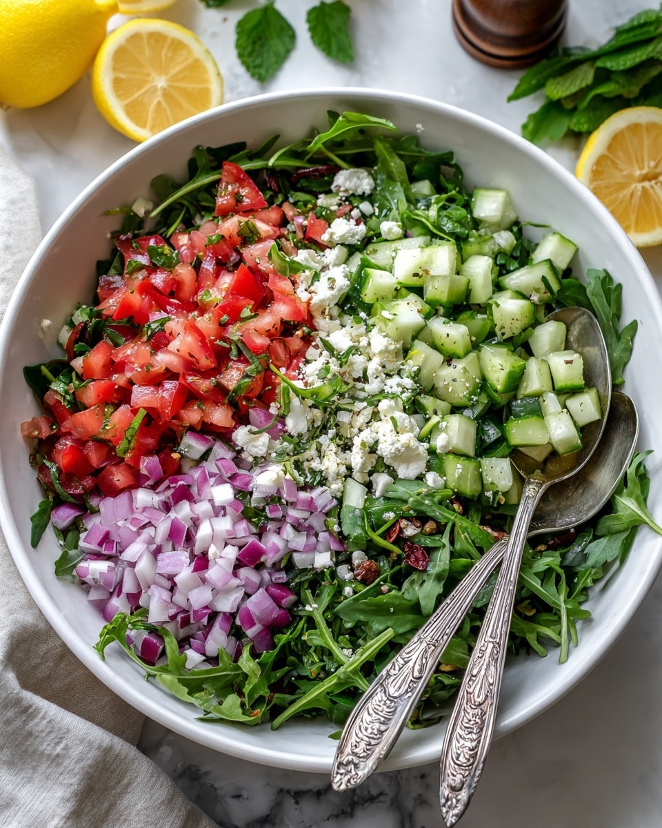 A large white bowl filled with a colorful salad is shown from above. The base layer consists of bright green arugula leaves with a slightly jagged texture, spread evenly around the bowl. On top of this are small chunks of red cherry tomatoes, diced cucumbers, finely chopped red onions, and bits of red bell pepper, adding pops of red, green, and purple. There are also light brown pieces resembling grains or seeds scattered throughout the salad. The salad is mixed but the individual layers and ingredients remain visible. The bowl sits on a white marbled surface, with a vintage silver spoon and fork placed inside the bowl on the right side. In the background, there are halved lemons, green leaves, and a tall brass-colored pepper grinder. Photo taken with an iphone --ar 4:5 --v 7